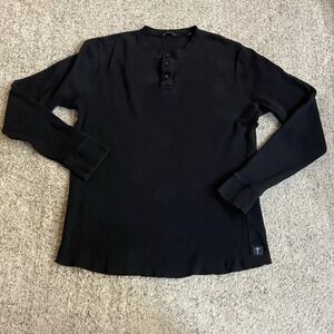 American Tall MensHenley Shirt Large Black Double Honeycomb Thermal Long Sleeve